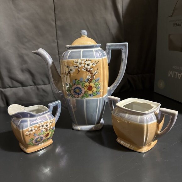 Lusterware Tea Set Made in Japan Floral Peach Luster Teapot Sugar Creamer Set - Picture 10 of 16